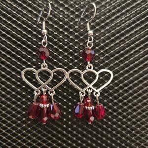 Silver double heart and dark red glass crystal chandelier earrings